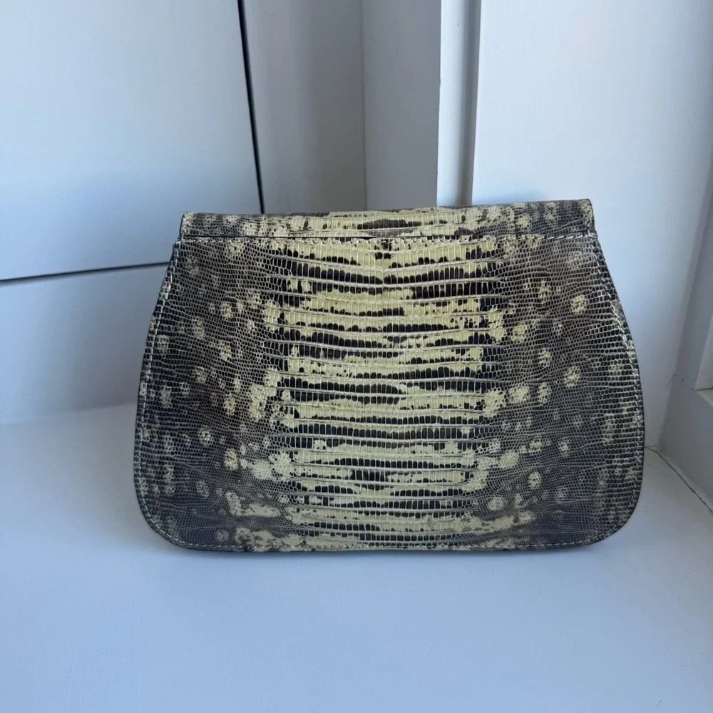 Charles Calfun Grey & Black Lizard + Leather Clutch with gold hardware - Picture 2 of 10